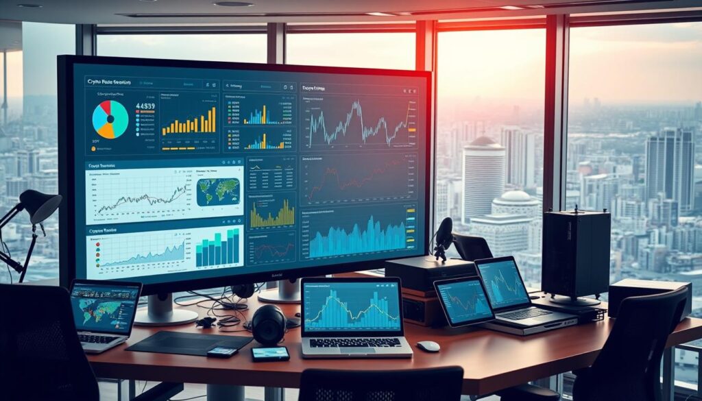 A workspace filled with the key features of cutting-edge crypto research tools. In the foreground, a large display showcases data visualizations, charts, and analytical dashboards. Surrounding it, an array of sleek devices - laptops, tablets, and specialized hardware - each contributing to the comprehensive workflow. Soft, directional lighting casts a warm glow, complementing the modern, minimalist aesthetic. In the background, a window offers a vista of a bustling city skyline, symbolizing the global interconnectedness of the cryptocurrency ecosystem. The overall scene conveys a sense of technological sophistication, empowering researchers to make informed decisions in the dynamic crypto landscape. A workspace filled with the key features of cutting-edge crypto research tools. In the foreground, a large display showcases data visualizations, charts, and analytical dashboards. Surrounding it, an array of sleek devices - laptops, tablets, and specialized hardware - each contributing to the comprehensive workflow. Soft, directional lighting casts a warm glow, complementing the modern, minimalist aesthetic. In the background, a window offers a vista of a bustling city skyline, symbolizing the global interconnectedness of the cryptocurrency ecosystem. The overall scene conveys a sense of technological sophistication, empowering researchers to make informed decisions in the dynamic crypto landscape.