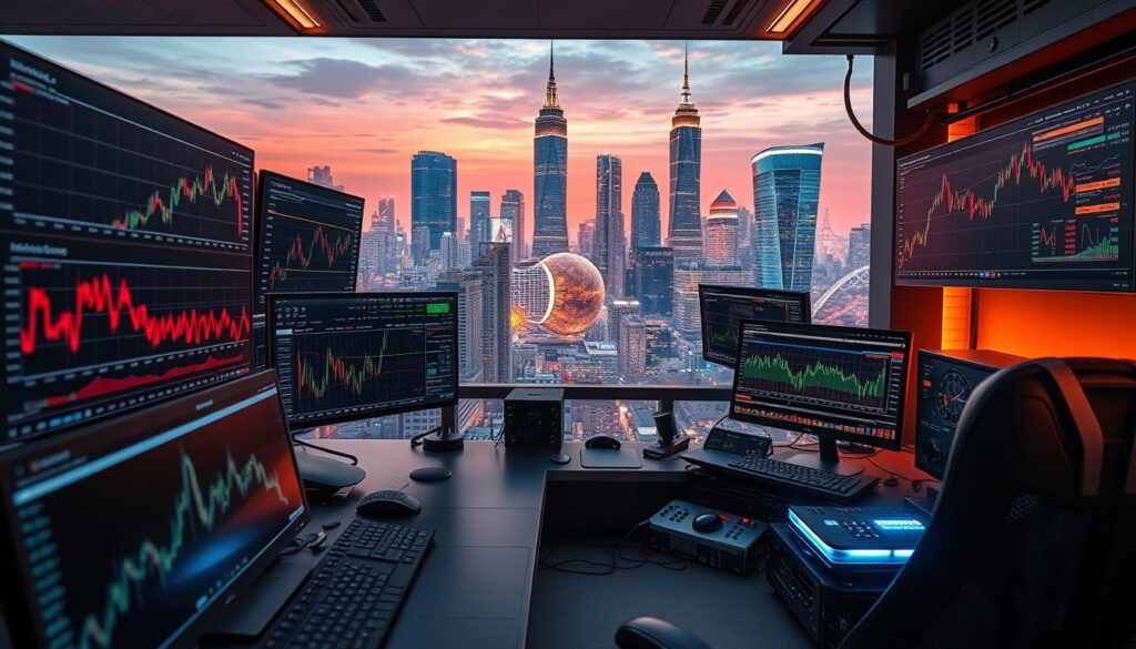 A workspace filled with various crypto analysis tools, including line charts, candlestick graphs, and digital dashboards. The foreground showcases a state-of-the-art workstation with multiple high-resolution displays, each showcasing different data visualizations. The middle ground features an array of interconnected hardware and software components, creating a seamless integration of analytical capabilities. In the background, a futuristic city skyline with gleaming skyscrapers and digital infrastructure, symbolizing the cutting-edge nature of the crypto industry. Warm, vibrant lighting and a sleek, minimalist aesthetic evoke a sense of sophistication and technological prowess. A workspace filled with various crypto analysis tools, including line charts, candlestick graphs, and digital dashboards. The foreground showcases a state-of-the-art workstation with multiple high-resolution displays, each showcasing different data visualizations. The middle ground features an array of interconnected hardware and software components, creating a seamless integration of analytical capabilities. In the background, a futuristic city skyline with gleaming skyscrapers and digital infrastructure, symbolizing the cutting-edge nature of the crypto industry. Warm, vibrant lighting and a sleek, minimalist aesthetic evoke a sense of sophistication and technological prowess.