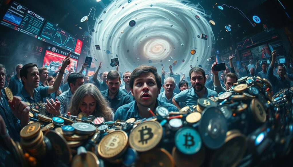 Altcoin season market volatility: a dynamic, chaotic landscape of digital assets in flux. In the foreground, a kaleidoscope of cryptocurrencies surge and plummet, their price charts a dizzying array of peaks and valleys. The middle ground teems with anxious traders, their expressions a mix of excitement and trepidation as they navigate the unpredictable market. In the background, a swirling vortex of data, news, and speculation, the driving forces behind the turbulent ebb and flow. Dramatic lighting casts shadows and highlights the intensity of the moment, as if captured through a wide-angle lens that distorts the scene, mirroring the disorienting nature of the altcoin season. The overall mood is one of heightened tension and unease, reflecting the high-stakes, high-risk environment of the crypto market in flux. Altcoin season market volatility: a dynamic, chaotic landscape of digital assets in flux. In the foreground, a kaleidoscope of cryptocurrencies surge and plummet, their price charts a dizzying array of peaks and valleys. The middle ground teems with anxious traders, their expressions a mix of excitement and trepidation as they navigate the unpredictable market. In the background, a swirling vortex of data, news, and speculation, the driving forces behind the turbulent ebb and flow. Dramatic lighting casts shadows and highlights the intensity of the moment, as if captured through a wide-angle lens that distorts the scene, mirroring the disorienting nature of the altcoin season. The overall mood is one of heightened tension and unease, reflecting the high-stakes, high-risk environment of the crypto market in flux.