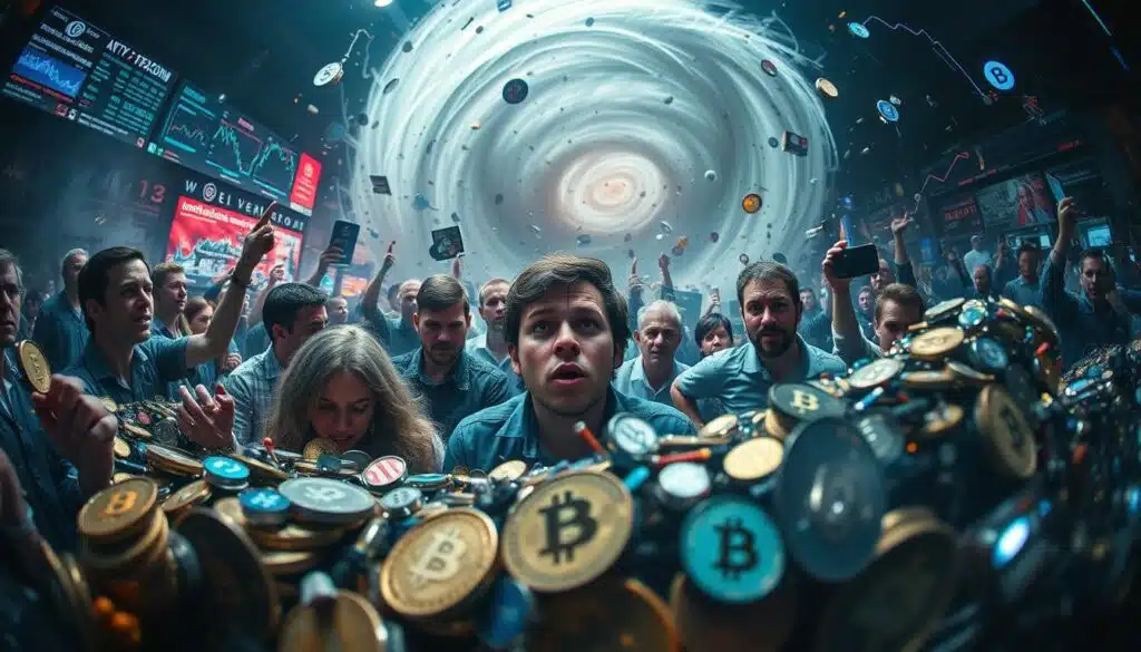 Altcoin season market volatility: a dynamic, chaotic landscape of digital assets in flux. In the foreground, a kaleidoscope of cryptocurrencies surge and plummet, their price charts a dizzying array of peaks and valleys. The middle ground teems with anxious traders, their expressions a mix of excitement and trepidation as they navigate the unpredictable market. In the background, a swirling vortex of data, news, and speculation, the driving forces behind the turbulent ebb and flow. Dramatic lighting casts shadows and highlights the intensity of the moment, as if captured through a wide-angle lens that distorts the scene, mirroring the disorienting nature of the altcoin season. The overall mood is one of heightened tension and unease, reflecting the high-stakes, high-risk environment of the crypto market in flux.