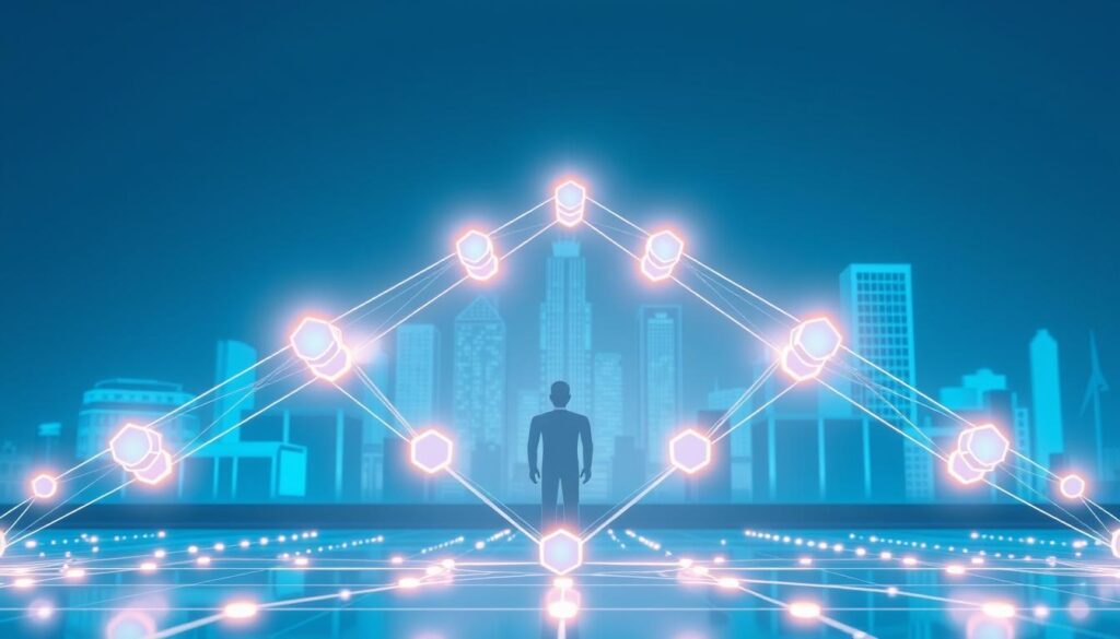An abstract 3D illustration depicting the secure flow of public service transactions on a blockchain network. In the foreground, a stylized, angular blockchain structure acts as a secure conduit, with glowing nodes and connections. In the middle ground, faceless digital figures represent citizens and government entities, their transactions seamlessly integrating with the blockchain. The background features a cityscape with modern, minimalist architecture, symbolizing the integration of blockchain technology into public infrastructure. The scene is illuminated by a cool, blue-tinted lighting, conveying a sense of technological sophistication and data security. An abstract 3D illustration depicting the secure flow of public service transactions on a blockchain network. In the foreground, a stylized, angular blockchain structure acts as a secure conduit, with glowing nodes and connections. In the middle ground, faceless digital figures represent citizens and government entities, their transactions seamlessly integrating with the blockchain. The background features a cityscape with modern, minimalist architecture, symbolizing the integration of blockchain technology into public infrastructure. The scene is illuminated by a cool, blue-tinted lighting, conveying a sense of technological sophistication and data security.