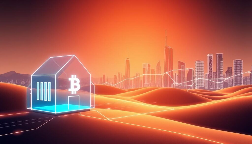 An abstract digital landscape depicting the concept of blockchain-based real estate ownership. In the foreground, a futuristic, geometric structure representing a virtual property deed, with a blockchain symbol integrated into its design. The middle ground features a stylized representation of blockchain ledger transactions, with lines and nodes flowing dynamically. In the background, a sleek, minimalist cityscape suggests the digital realm of virtual property. The overall scene is bathed in a warm, glowing light, conveying a sense of technological innovation and secure digital ownership. The composition is clean, with a focus on simplicity and symbolic representation of the subject matter.