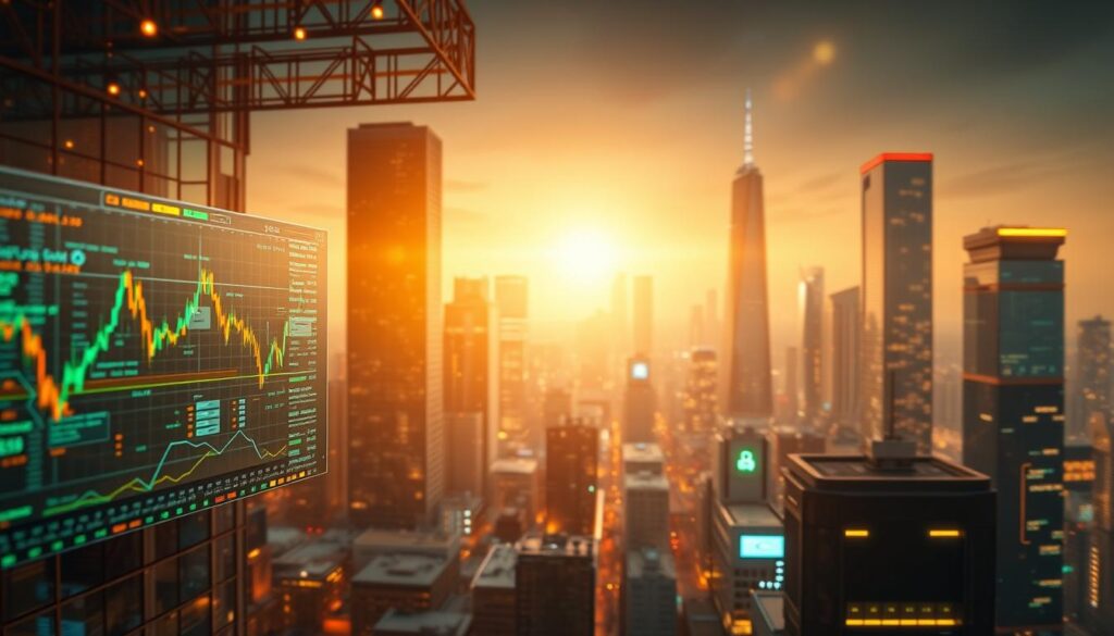 An advanced AI network visualizes the intricate landscape of cryptocurrency trading and security. In the foreground, a holographic trading terminal displays real-time data, flashing algorithms and algorithms guiding automated transactions. In the middle ground, sleek blockchain nodes and data centers hum with activity, secured by cryptographic protocols. The background reveals a cityscape of towering skyscrapers, their facades adorned with glowing neon displays of digital asset values. Warm lighting casts a futuristic glow, while subtle lens flares and depth of field blur the edges, conveying a sense of technological sophistication and innovation. The overall atmosphere exudes a balanced harmony between human and artificial intelligence, shaping the future of decentralized finance.