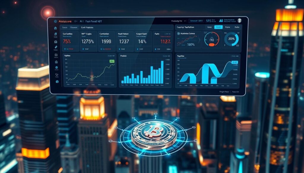 An advanced AI-powered NFT analytics dashboard hovers above a futuristic cityscape, its sleek interface displaying real-time data and insights. Holographic charts and graphs float in the foreground, showcasing trading volumes, market trends, and asset performance. In the middle ground, a 3D model of an NFT artwork rotates slowly, inviting closer inspection. The background is illuminated by the warm glow of skyscrapers and holograms, creating an atmosphere of technological sophistication and innovation. Subtle lens flares and depth-of-field effects add a cinematic quality to the scene, emphasizing the power and precision of the analytics tools.