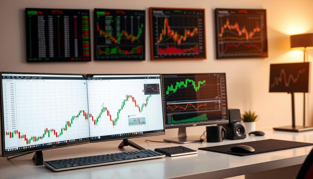 An array of essential trading tools arranged on a sleek, modern desk. In the foreground, a high-resolution candlestick chart displays intricate price action data, illuminated by warm, directional lighting. In the middle ground, a series of technical indicators and charts are open on a dual-monitor setup, providing deep analytical insights. In the background, a minimalist wall showcases framed stock tickers and financial graphs, creating an atmosphere of focused, data-driven decision-making. The overall scene conveys the precision, focus, and technological sophistication required for effective price action analysis in the crypto markets.