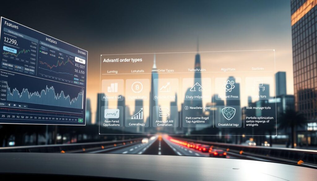 An array of trading tools and features against a sleek, futuristic backdrop. In the foreground, a holographic display showcases real-time market data, dynamic charts, and intuitive trading interfaces. The middle ground features a selection of advanced order types, risk management tools, and portfolio optimization algorithms, all rendered in a clean, minimalist style. In the background, a shimmering cityscape of towering skyscrapers and neon-lit streets sets the scene, suggesting the fast-paced, high-tech nature of the AI-powered crypto exchange platform. Soft, diffused lighting creates a sense of depth and sophistication, while subtle metallic accents and holographic elements lend a touch of technological elegance to the composition.