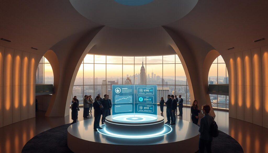 An avant-garde auction house, its modernist architecture enveloped in soft, diffused lighting. The foreground showcases a sleek, circular podium where a dynamic, animated auction model is displayed, its holographic interface presenting a range of innovative bidding features. In the middle ground, bidders gather around, their faces illuminated by the cutting-edge technology. The background reveals a panoramic view of the city skyline, suggesting the global reach and transformative impact of this revolutionary auction platform.