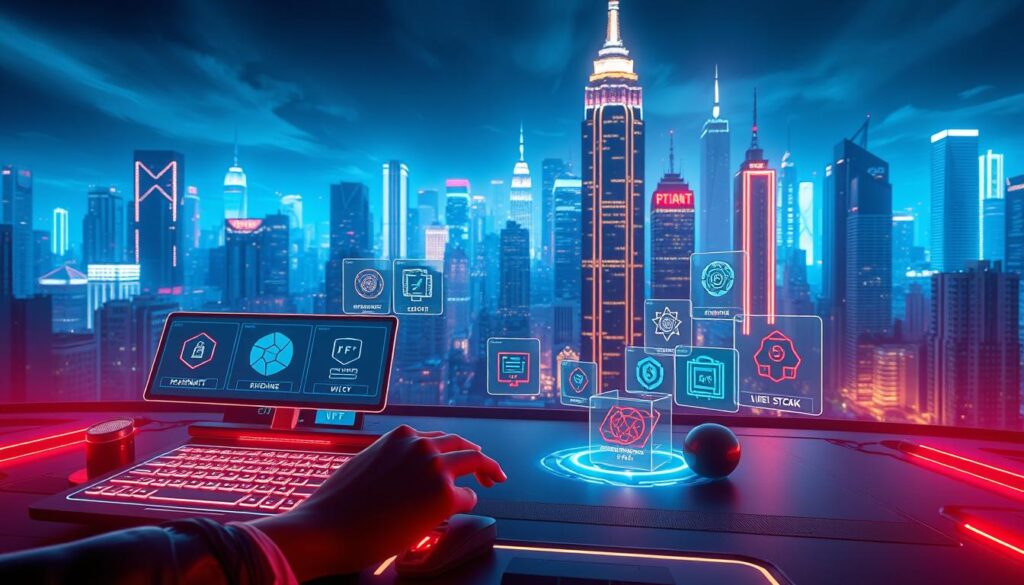 An avant-garde, three-dimensional scene depicting innovative NFT rental models. In the foreground, a futuristic interface showcases various NFT assets available for rent, with sleek and intuitive controls. The middle ground features several holographic representations of the NFTs, each displaying unique characteristics and potential use cases. In the background, a cityscape of towering skyscrapers and glowing neon lights creates an immersive, tech-forward atmosphere. The lighting is a captivating blend of cool, neon tones and warm, ambient illumination, casting dynamic shadows and highlights across the scene. The overall composition conveys a sense of dynamic innovation, seamless accessibility, and the boundless potential of NFT rental and leasing models. An avant-garde, three-dimensional scene depicting innovative NFT rental models. In the foreground, a futuristic interface showcases various NFT assets available for rent, with sleek and intuitive controls. The middle ground features several holographic representations of the NFTs, each displaying unique characteristics and potential use cases. In the background, a cityscape of towering skyscrapers and glowing neon lights creates an immersive, tech-forward atmosphere. The lighting is a captivating blend of cool, neon tones and warm, ambient illumination, casting dynamic shadows and highlights across the scene. The overall composition conveys a sense of dynamic innovation, seamless accessibility, and the boundless potential of NFT rental and leasing models.