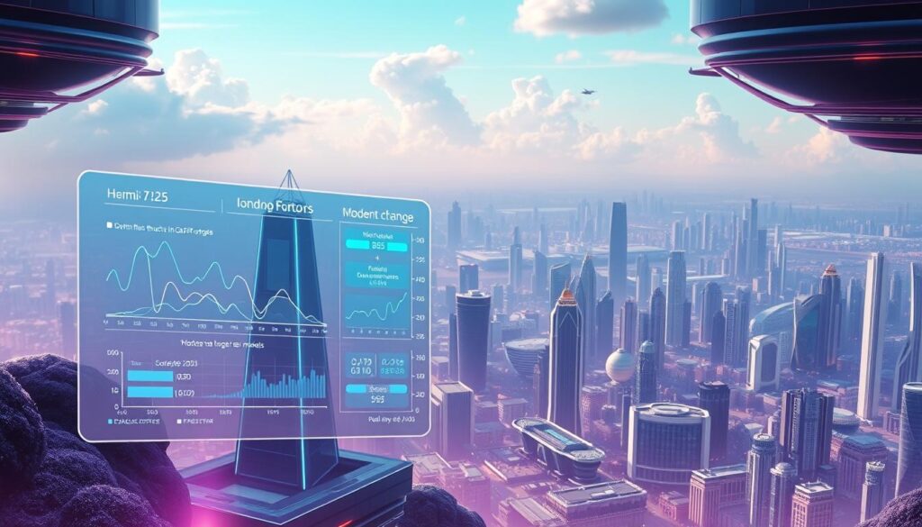 An elegant, futuristic landscape depicting the historical evolution and modern changes in blockchain gas fee models. In the foreground, a sleek, holographic interface showcases various gas fee structures, their fluctuations, and optimization strategies. The middle ground features towering, chrome-plated data towers, representing the computational infrastructure powering these fee models. In the background, a sprawling cityscape of gleaming skyscrapers and hovering transport vehicles, symbolizing the dynamic, technology-driven landscape of modern blockchain ecosystems. Vibrant hues of blues and purples cast an ethereal glow, complemented by dramatic lighting and soft, cinematic depth of field, conveying a sense of progress, innovation, and the seamless integration of blockchain technology into everyday life.