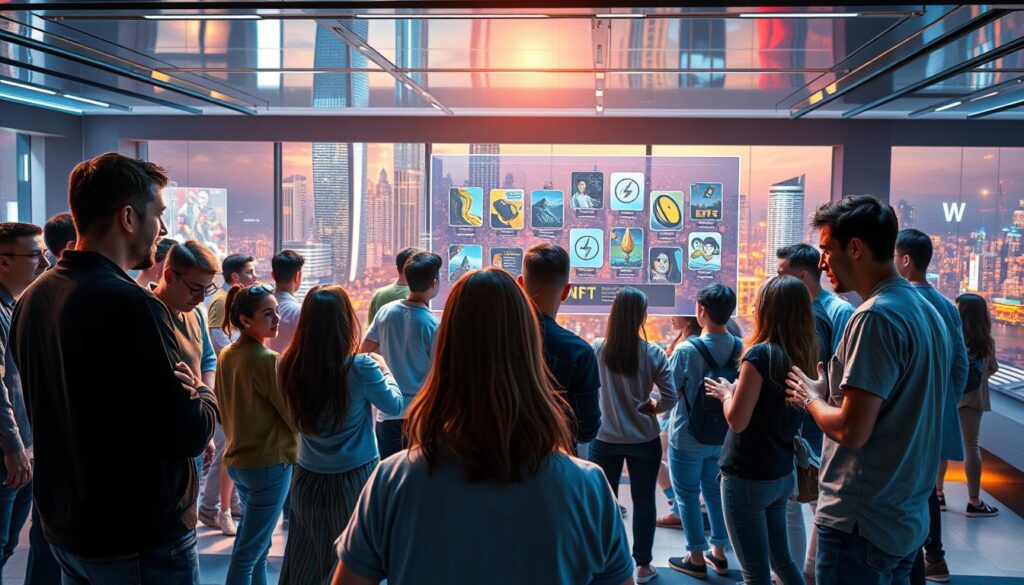 An energetic community of diverse NFT enthusiasts gathered in a vibrant, futuristic setting. In the foreground, a group of people engaged in lively discussions, brainstorming ideas and collaborating on projects. The middle ground features a holographic display showcasing various NFT artworks, with participants excitedly examining them. The background depicts a sleek, high-tech environment with gleaming skyscrapers and a vibrant cityscape, hinting at the boundless potential of the NFT space. Warm lighting and a sense of camaraderie permeate the scene, reflecting the purpose of the NFT allowlist as a gateway to a thriving, innovative community. An energetic community of diverse NFT enthusiasts gathered in a vibrant, futuristic setting. In the foreground, a group of people engaged in lively discussions, brainstorming ideas and collaborating on projects. The middle ground features a holographic display showcasing various NFT artworks, with participants excitedly examining them. The background depicts a sleek, high-tech environment with gleaming skyscrapers and a vibrant cityscape, hinting at the boundless potential of the NFT space. Warm lighting and a sense of camaraderie permeate the scene, reflecting the purpose of the NFT allowlist as a gateway to a thriving, innovative community.