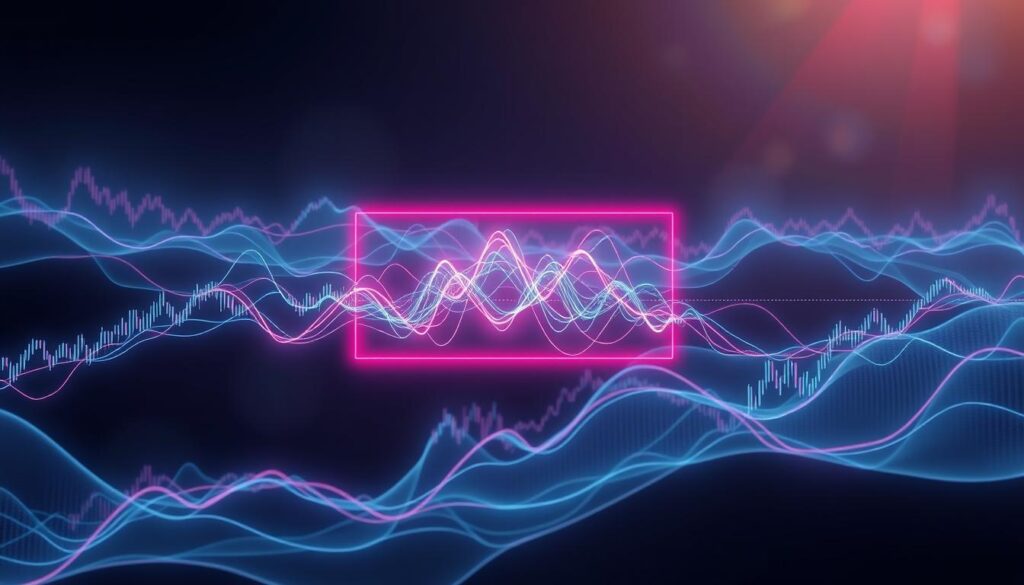 An ethereal landscape of intertwining line graphs, each pulsing with the rhythm of financial markets. In the foreground, a radiant central visualization depicting the intricate relationships between multiple time scales, rendered in a striking neon palette against a dark, moody backdrop. The middle ground features dynamic data visualizations, cascading across the frame like digital waterfalls, while the background is bathed in a subtle, atmospheric glow, hinting at the complexity and depth of multiscale time series analysis. The overall composition evokes a sense of analytical depth and technological prowess, perfectly suited to illustrate the subject of "Understanding Multiscale Time Series in Financial Markets".