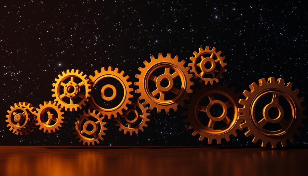 An evolution of forecasting techniques: a series of interdependent gears, each representing a distinct approach, seamlessly meshing together against a backdrop of a starry night sky. The gears range from primitive mechanical models to sleek, neural network-powered algorithms, showcasing the progression of data-driven decision making. Warm lighting illuminates the gears, casting dynamic shadows that hint at the complex interplay of variables involved. The overall composition conveys a sense of technological advancement and the relentless pursuit of more accurate predictions, set against the timeless canvas of the cosmos.