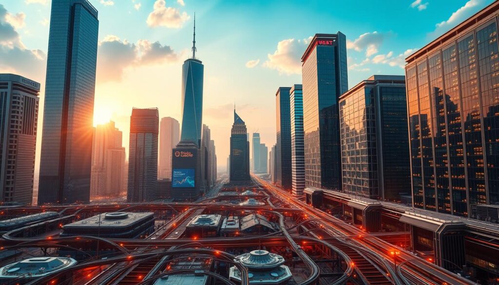 An expansive cityscape where skyscrapers and data centers stand tall, their sleek facades reflecting the dynamic integration of on-chain and off-chain data. In the foreground, a robust network of cables and interfaces connect these digital realms, pulsing with the flow of cryptographic transactions and market analytics. A warm, ambient light bathes the scene, evoking a sense of technological harmony and progress. The composition emphasizes the seamless interplay between the blockchain and the physical infrastructure, underscoring the powerful synergy that drives the future of AI-powered financial analysis.