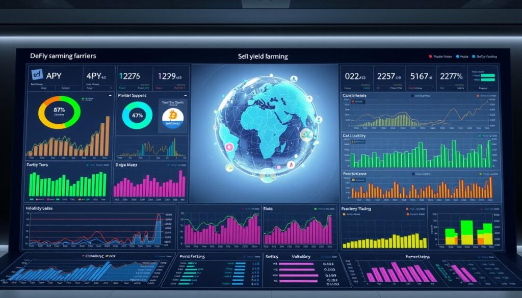 An expansive, data-rich dashboard depicting a comprehensive risk assessment on various DeFi yield farming platforms. The foreground showcases colorful, interactive graphs and charts detailing key metrics like APYs, liquidity, volatility, and historical performance. The middle ground features a 3D rendered holographic globe, with platform logos scattered across different regions, conveying the global interconnectedness of the DeFi ecosystem. The background is a sleek, minimalist setting with clean lines and a muted color palette, allowing the data visualizations to take center stage. Diffused lighting casts a soft, contemplative glow, as the viewer is invited to analyze and evaluate the risks and rewards of each DeFi platform.