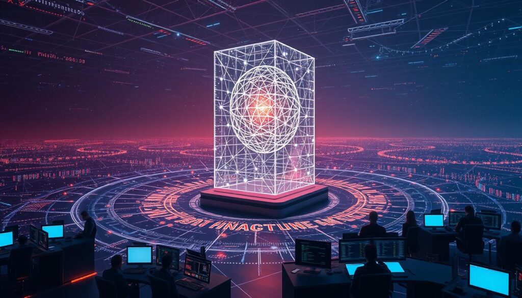 An expansive digital landscape, where the power of quantum computing meets the dynamism of AI-driven crypto trading. In the foreground, a towering holographic projection of a complex algorithmic model, its intricate patterns pulsing with real-time data. Surrounding it, a swirling vortex of digital assets, their values fluctuating with lightning-fast precision. In the middle ground, sleek terminals manned by traders, their faces bathed in the glow of screen displays, as they navigate the ever-changing tides of the market. The background is a vast, ethereal expanse, dotted with shimmering data nodes and interconnected pathways, hinting at the underlying infrastructure that powers this technological revolution. The entire scene is imbued with a sense of gravity and urgency, as the future of finance hangs in the balance.