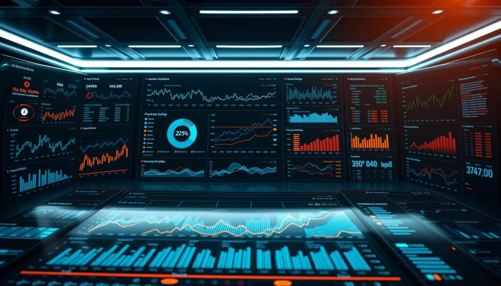 An expansive, holistic blockchain analytics dashboard with real-time data visualizations. In the foreground, a central data panel displays charts, graphs, and live transaction metrics. In the middle ground, multiple screens showcase network activity, node connectivity, and market price information. The background features a sleek, futuristic user interface with a dark, neon-accented color scheme. Dramatic lighting casts shadows and highlights the digital landscape, creating a sense of technological sophistication and deep data insights. Captured from a low, isometric angle to emphasize the scale and complexity of the crypto network monitoring system.