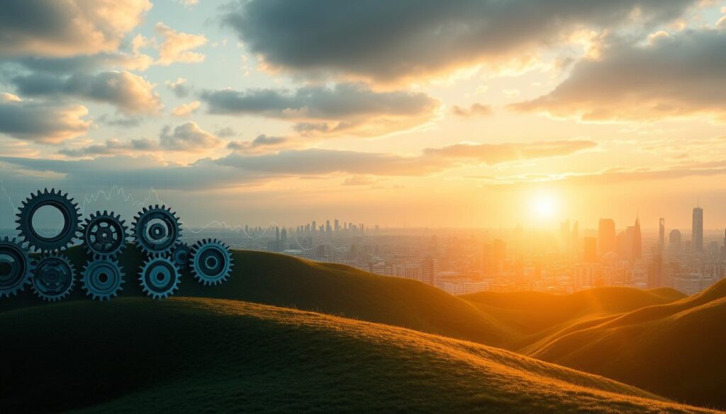 An expansive landscape illuminated by a warm, diffuse light. In the foreground, a series of interconnected gears and cogs representing the evolution of AI in crypto trading, each gear a different stage of development. The middle ground features a data visualization of market trends, with lines and curves depicting the volatility and patterns of the crypto market. In the background, a cityscape of futuristic skyscrapers and technology hubs, symbolizing the integration of AI and finance. The overall scene conveys a sense of progress, innovation, and the seamless fusion of cutting-edge technology and the dynamic world of cryptocurrency. An expansive landscape illuminated by a warm, diffuse light. In the foreground, a series of interconnected gears and cogs representing the evolution of AI in crypto trading, each gear a different stage of development. The middle ground features a data visualization of market trends, with lines and curves depicting the volatility and patterns of the crypto market. In the background, a cityscape of futuristic skyscrapers and technology hubs, symbolizing the integration of AI and finance. The overall scene conveys a sense of progress, innovation, and the seamless fusion of cutting-edge technology and the dynamic world of cryptocurrency.