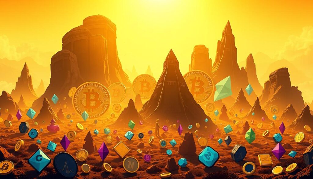 An expansive landscape where the towering silhouettes of Bitcoin and established cryptocurrencies stand in contrast to the vibrant, whimsical meme coins that dance around them. The scene is bathed in a warm, golden light, creating a sense of timelessness and grandeur. In the foreground, the meme coins are rendered with a playful, cartoon-like aesthetic, their quirky designs and vibrant colors catching the eye. The middle ground is dominated by the more serious, angular shapes of the larger cryptocurrencies, their presence commanding respect and authority. The background fades into a hazy, dreamlike setting, suggesting the ever-evolving nature of the cryptocurrency landscape. The overall composition conveys the coexistence and interplay between the established players and the rising meme coin phenomena. An expansive landscape where the towering silhouettes of Bitcoin and established cryptocurrencies stand in contrast to the vibrant, whimsical meme coins that dance around them. The scene is bathed in a warm, golden light, creating a sense of timelessness and grandeur. In the foreground, the meme coins are rendered with a playful, cartoon-like aesthetic, their quirky designs and vibrant colors catching the eye. The middle ground is dominated by the more serious, angular shapes of the larger cryptocurrencies, their presence commanding respect and authority. The background fades into a hazy, dreamlike setting, suggesting the ever-evolving nature of the cryptocurrency landscape. The overall composition conveys the coexistence and interplay between the established players and the rising meme coin phenomena.