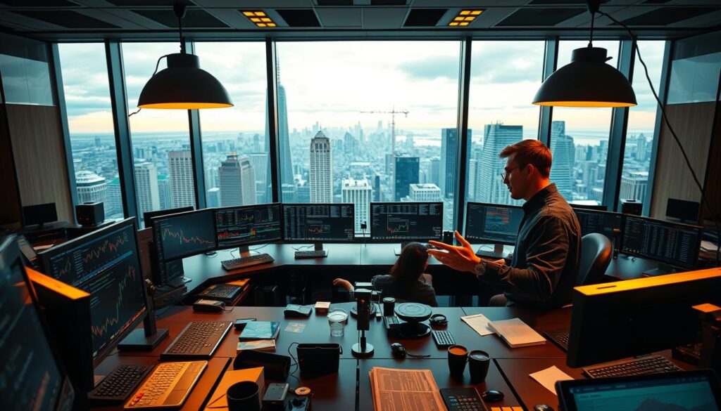 An expansive, meticulously detailed trading desk with an array of high-resolution displays, financial dashboards, and analytical tools. Surrounded by a panoramic window overlooking a dynamic city skyline, bathed in warm, directional lighting from large, modern lamps. In the foreground, a pair of experienced traders engaged in intense discussion, their expressions intent and focused, hands gesturing as they analyze real-time market data. The scene conveys an atmosphere of expertise, innovation, and the thrill of navigating the ever-evolving financial landscape.