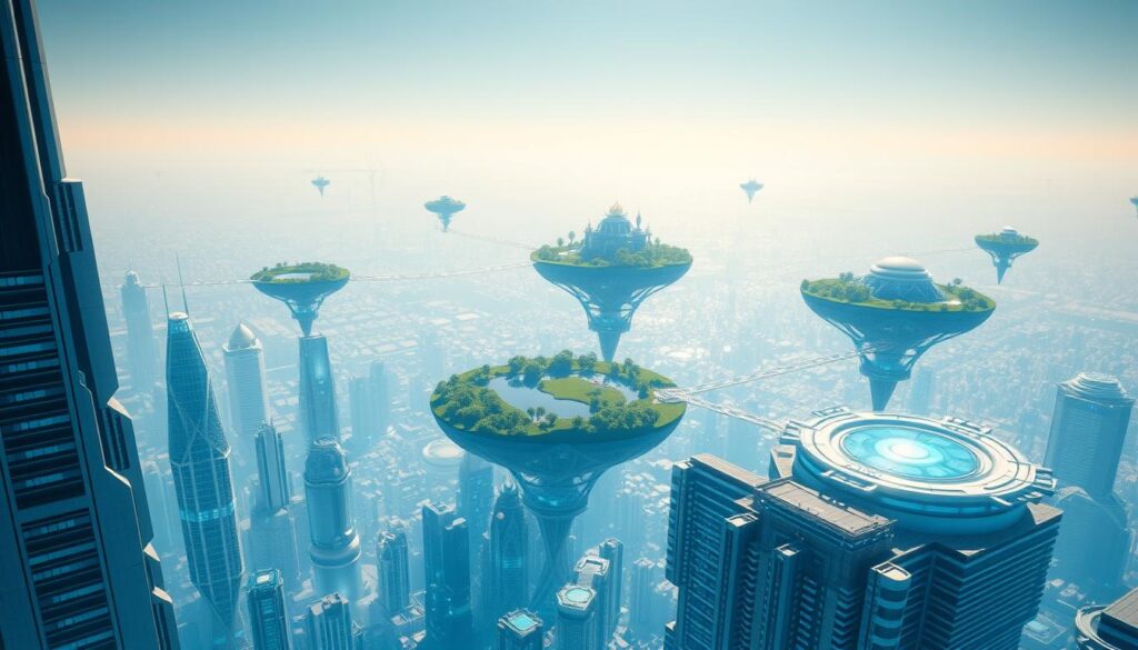 An expansive virtual landscape of floating islands, towering skyscrapers, and shimmering holographic structures. The foreground features a sprawling futuristic city with sleek, angular buildings in shades of blue and silver, their windows gleaming under the soft, diffused lighting of the virtual realm. In the middle ground, verdant floating islands dotted with lush vegetation and crystalline lakes hover majestically, connected by intricate sky bridges. The background is a vast, endless expanse of a shimmering, prismatic horizon, hinting at the boundless possibilities of this digital world. The overall atmosphere is one of wonder, innovation, and the boundless potential of virtual real estate in the metaverse. An expansive virtual landscape of floating islands, towering skyscrapers, and shimmering holographic structures. The foreground features a sprawling futuristic city with sleek, angular buildings in shades of blue and silver, their windows gleaming under the soft, diffused lighting of the virtual realm. In the middle ground, verdant floating islands dotted with lush vegetation and crystalline lakes hover majestically, connected by intricate sky bridges. The background is a vast, endless expanse of a shimmering, prismatic horizon, hinting at the boundless possibilities of this digital world. The overall atmosphere is one of wonder, innovation, and the boundless potential of virtual real estate in the metaverse.
