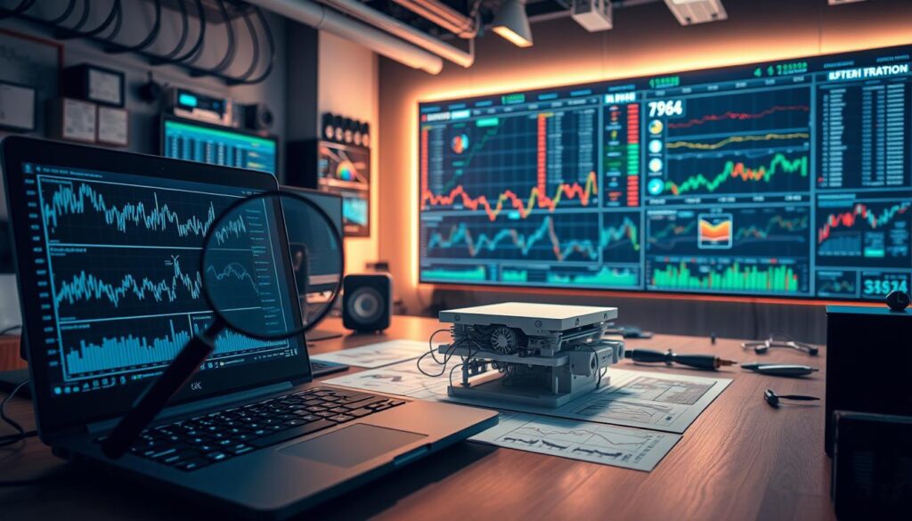 An expansive, well-lit workspace with various technical devices and tools arranged in an orderly manner. In the foreground, a laptop displays complex graphs and data visualizations, while a magnifying glass hovers nearby, suggesting a meticulous examination of the platform's performance. In the middle ground, a 3D-printed model of a cryptocurrency exchange platform stands, surrounded by wire diagrams and technical schematics. The background features a large display board showcasing real-time market data and analytics, illuminated by soft, directional lighting that casts a warm, professional atmosphere. The overall scene conveys a thorough, analytical approach to assessing the technical execution and quality of a cryptocurrency platform.