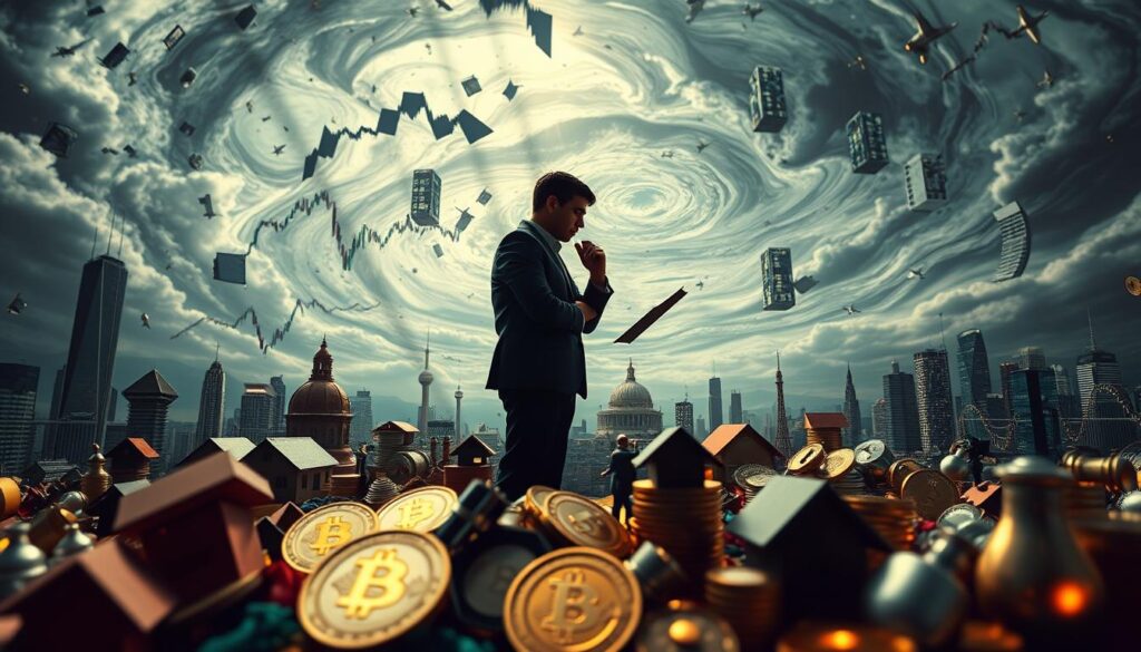 An image of alternative investment strategies for a volatile market. In the foreground, a kaleidoscope of financial instruments - stocks, bonds, cryptocurrencies, real estate, and commodities. In the middle ground, a figure representing a savvy investor, deep in thought, analyzing charts and data. The background is a swirling, dynamic landscape, reflecting the unpredictable nature of the markets, with shafts of light cutting through the uncertainty. The overall mood is one of contemplation and strategic decision-making, with a sense of both risk and opportunity. Captured through a wide-angle lens, the image conveys the complexity and interconnectedness of modern investment portfolios.
