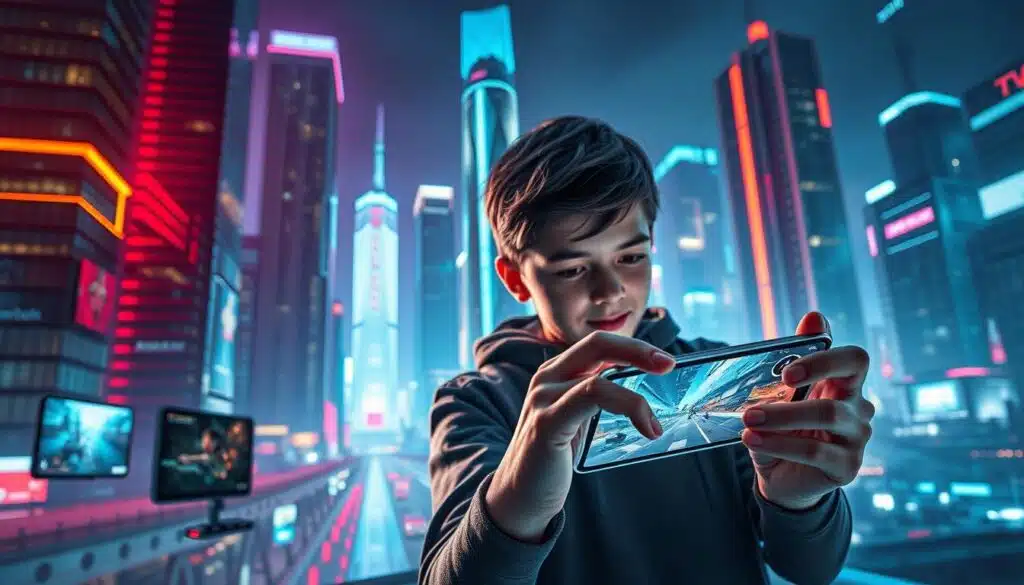 An immersive mobile gaming experience, captured in a photorealistic rendering. A vibrant, futuristic scene set against a sleek, neon-lit cityscape. In the foreground, a young user intently engaged with a sleek, high-resolution mobile device, their fingers effortlessly navigating intricate gameplay. Surrounding them, dynamic lighting and cinematic angles create a sense of depth and motion, drawing the viewer into the captivating world of mobile gaming. The middle ground features a range of mobile devices, each showcasing cutting-edge graphics and intuitive user interfaces, while the background is dominated by towering skyscrapers and a vibrant, tech-infused urban landscape. The overall atmosphere is one of innovation, connectivity, and the seamless integration of gaming into the modern mobile lifestyle.