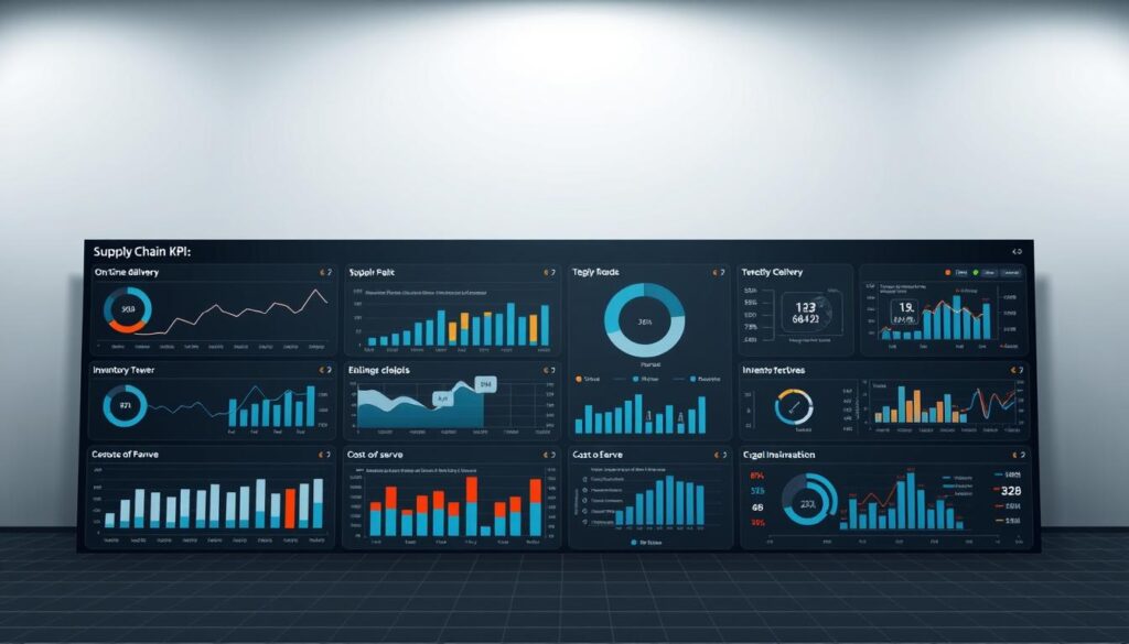 An intricate dashboard showcasing a comprehensive set of supply chain performance measurement KPIs. The foreground displays a sleek, modern interface with dynamic charts, graphs, and infographics, meticulously designed to convey crucial supply chain metrics such as on-time delivery, inventory turnover, and cost-to-serve. The middle ground features a subtle background grid, lending a sense of structure and organization to the visual layout. In the background, a muted color palette of greys and blues creates a professional, analytical atmosphere, complementing the data-driven nature of the subject matter. Subtle lighting from above casts a soft, even glow across the scene, highlighting the clarity and precision of the information presented. The overall impression is one of a powerful, yet elegant, tool for supply chain performance evaluation and decision-making.