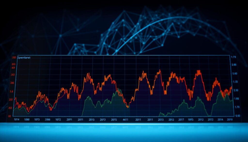 An intricate data visualization depicting the market sentiment trend analysis. In the foreground, a comprehensive line chart shows the dynamic fluctuations of the open interest, represented by bold, vibrant colors. The middle ground features a sleek, minimalist user interface with interactive controls, allowing for closer examination of the data. In the background, a subdued, yet striking abstract pattern evokes the underlying market forces at play, creating a sense of depth and complexity. The lighting is soft and diffused, illuminating the data points with a sense of clarity and precision. The overall composition conveys a balance of technical analysis and visual elegance, seamlessly capturing the essence of market sentiment trend analysis.