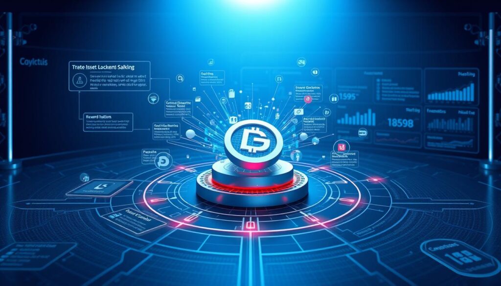 An intricate diagram depicting the core mechanisms of digital asset locking. In the foreground, a detailed schematic showcases the interlocking smart contract protocols that govern the staking process, with highlighted fields for deposit, lock duration, and reward distribution. The middle ground features a 3D visualization of the asset, surrounded by floating holographic data streams representing real-time transaction activity. In the background, a sleek, minimalist interface displays the key performance indicators and analytics for the staking program, conveying a sense of technological sophistication and financial security. The scene is illuminated by a cool, blue-tinted lighting, emphasizing the digital nature of the subject matter.