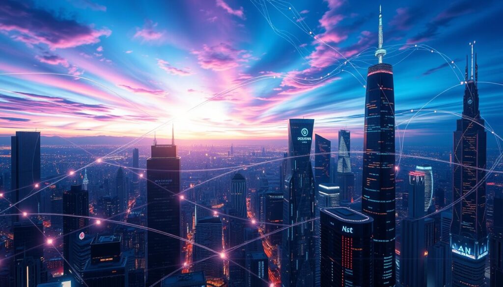 An intricate intersection of technological innovation, a high-detail digital cityscape illuminates the fusion of artificial intelligence and blockchain. In the foreground, ethereal wisps of code and data streams intertwine, representing the seamless integration of these transformative technologies. The middle ground showcases futuristic skyscrapers and structures, their surfaces adorned with dynamic digital interfaces and holographic projections. In the background, a vibrant sky saturated with vivid hues of blues and purples, creates a sense of technological transcendence. Lighting is dramatic, with sharp contrasts and strategic highlights, emphasizing the power and potential of this technological convergence. The overall atmosphere conveys a vision of a tomorrow where AI and blockchain coexist in a harmonious, technologically advanced landscape.