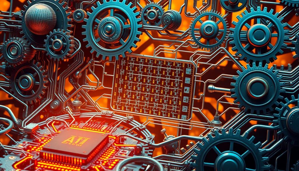 An intricate mechanism of gears, cogs, and circuits intertwines, representing the seamless integration of AI and blockchain technologies. The foreground showcases a central processing unit, its components pulsing with digital energy. In the middle ground, a series of interconnected blockchain blocks form a secure, decentralized ledger. Surrounding this, a network of neural pathways and data streams converge, illustrating the AI's ability to analyze and optimize staking rewards. The background is bathed in a warm, futuristic glow, conveying a sense of innovation and technological advancement. The overall scene captures the harmony between artificial intelligence and blockchain, creating a powerful system for maximizing crypto staking earnings.