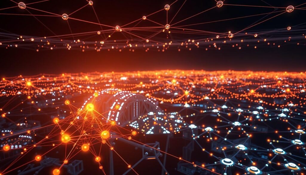 An intricate public blockchain network, its decentralized structure illuminated by a warm, diffused light. In the foreground, a cluster of nodes, their connections shimmering like a web of luminous threads. The middle ground reveals a cascading flow of transactions, each block a gleaming, faceted gem. Stretching into the background, a vast, interconnected landscape of distributed ledgers, their cryptographic seals glowing with a sense of immutable security. The scene evokes a harmonious balance of technological complexity and transparency, capturing the essence of a public blockchain's open and collaborative nature.