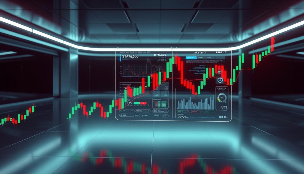 An intricate technical analysis display with a striking candlestick pattern against a sleek, futuristic backdrop. The foreground features a detailed candlestick chart, each stick meticulously rendered in vibrant colors, conveying the ebb and flow of market dynamics. In the middle ground, a holographic interface showcases trading indicators and analytical tools, their data visualizations pulsing with live updates. The background is a minimalist, chrome-accented environment, evoking a sense of technological sophistication. Dramatic lighting casts dramatic shadows, creating depth and emphasizing the precision of the financial information. The overall mood is one of confident mastery over the complexities of the crypto markets.