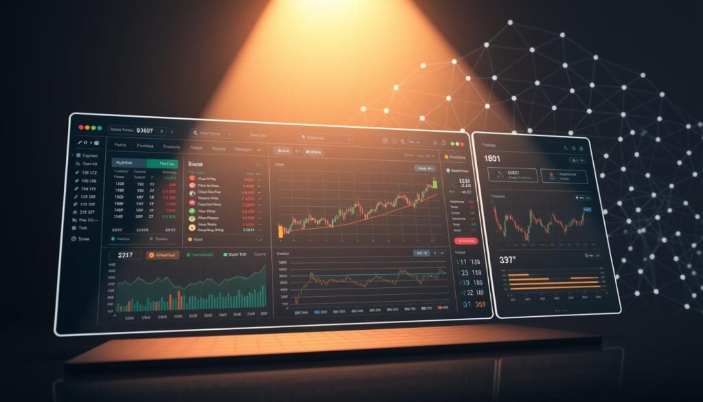 An intricate trading dashboard illuminated by soft, diffused lighting, showcasing the core features of a cutting-edge AI-powered decentralized exchange aggregator. In the foreground, a sleek, minimalist interface displays real-time market data, order book, and trading charts, all rendered with a high degree of detail and clarity. The middle ground features various interactive widgets and controls, allowing the user to seamlessly navigate the platform's advanced trading tools. In the background, a subtle grid of interconnected nodes and lines visualizes the underlying blockchain architecture, conveying a sense of technological sophistication and decentralized power.