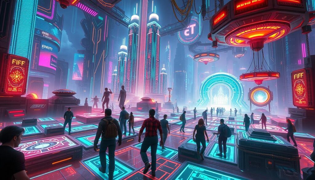 An intricate treasure hunt scene set in a fantastical, cyberpunk-inspired world. In the foreground, a group of determined adventurers navigate a maze of holographic puzzles and encrypted clues, their faces lit by the glow of futuristic technology. In the middle ground, towering neon-drenched skyscrapers and levitating platforms create a sense of depth and scale. The background is a kaleidoscope of abstract data streams, digital glyphs, and holographic portals, hinting at the challenges and rewards that await the treasure hunters. The overall mood is one of excitement, wonder, and a touch of mystery, as the players strive to uncover the hidden secrets of the NFT realm.