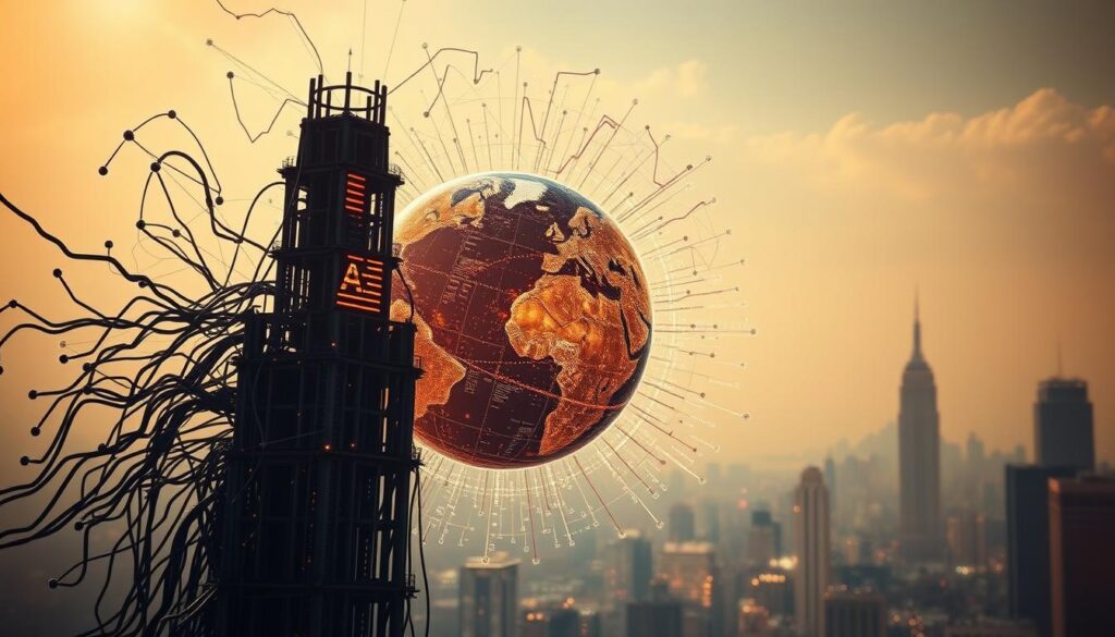 An intricate visualization of the interplay between AI and the crypto market, captured in a cinematic style. A central globe representing the cryptocurrency landscape, surrounded by a dynamic, data-driven swirl of algorithms and analytics. In the foreground, a towering AI construct, its neural networks pulsing with insights, overlaying the market trends. The background is a hazy, ethereal cityscape, hinting at the real-world implications of this technological convergence. Warm lighting casts a futuristic glow, while subtle depth-of-field focus draws the viewer's attention to the core elements. An impactful, thought-provoking composition that encapsulates the symbiotic relationship between artificial intelligence and the ever-evolving world of cryptocurrency. An intricate visualization of the interplay between AI and the crypto market, captured in a cinematic style. A central globe representing the cryptocurrency landscape, surrounded by a dynamic, data-driven swirl of algorithms and analytics. In the foreground, a towering AI construct, its neural networks pulsing with insights, overlaying the market trends. The background is a hazy, ethereal cityscape, hinting at the real-world implications of this technological convergence. Warm lighting casts a futuristic glow, while subtle depth-of-field focus draws the viewer's attention to the core elements. An impactful, thought-provoking composition that encapsulates the symbiotic relationship between artificial intelligence and the ever-evolving world of cryptocurrency.