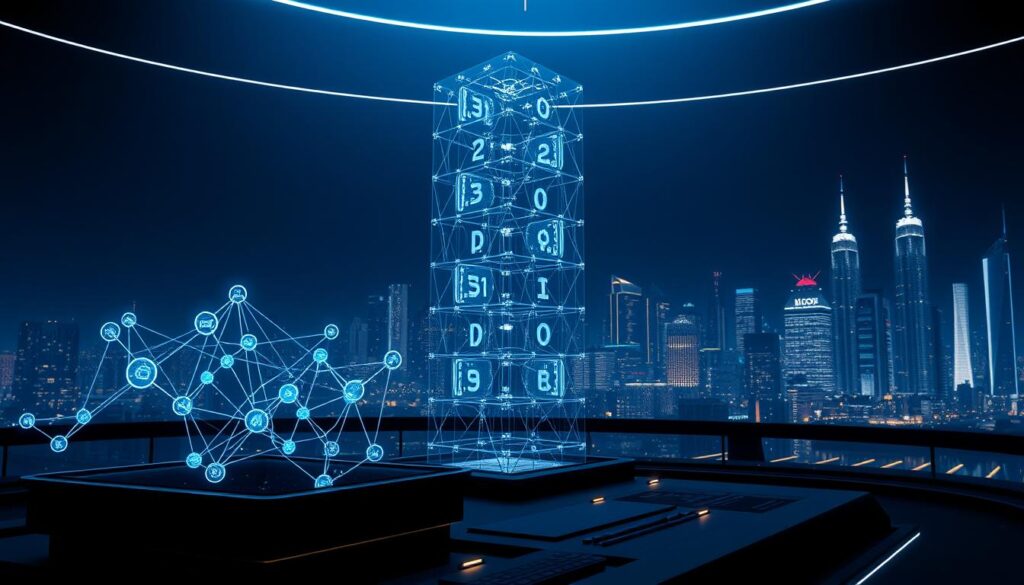 An intricately detailed 3D render of blockchain technology innovations, showcased against a sleek, futuristic backdrop. In the foreground, a holographic display depicts a network of interconnected nodes, each representing a unique blockchain application. The middle ground features a towering, angular data structure made of transparent cubes, each containing a digital ledger. In the background, a dimly lit cityscape with skyscrapers and glowing neon accents sets the scene, conveying a sense of technological progress and innovation. The lighting is dramatic, with sharp contrasts and a cool, metallic color palette, creating an atmosphere of sophistication and cutting-edge technology. An intricately detailed 3D render of blockchain technology innovations, showcased against a sleek, futuristic backdrop. In the foreground, a holographic display depicts a network of interconnected nodes, each representing a unique blockchain application. The middle ground features a towering, angular data structure made of transparent cubes, each containing a digital ledger. In the background, a dimly lit cityscape with skyscrapers and glowing neon accents sets the scene, conveying a sense of technological progress and innovation. The lighting is dramatic, with sharp contrasts and a cool, metallic color palette, creating an atmosphere of sophistication and cutting-edge technology.