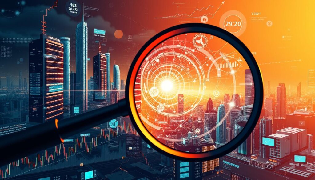 An intricately detailed digital illustration showcasing the interplay between investor considerations and market sentiment. In the foreground, a magnifying glass hovers over a stock chart, highlighting the complexities of financial decision-making. The middle ground features a swirling maelstrom of data visualizations, graphs, and indicators, reflecting the ebb and flow of investor confidence. In the background, a vast, technological landscape unfolds, with towering skyscrapers, holographic projections, and a pulsing network of information. The lighting is dramatic, with a warm, golden glow illuminating the scene, conveying a sense of both opportunity and uncertainty. The composition is balanced, with a sense of depth and perspective, inviting the viewer to immerse themselves in the intricate dynamics of the investment landscape.