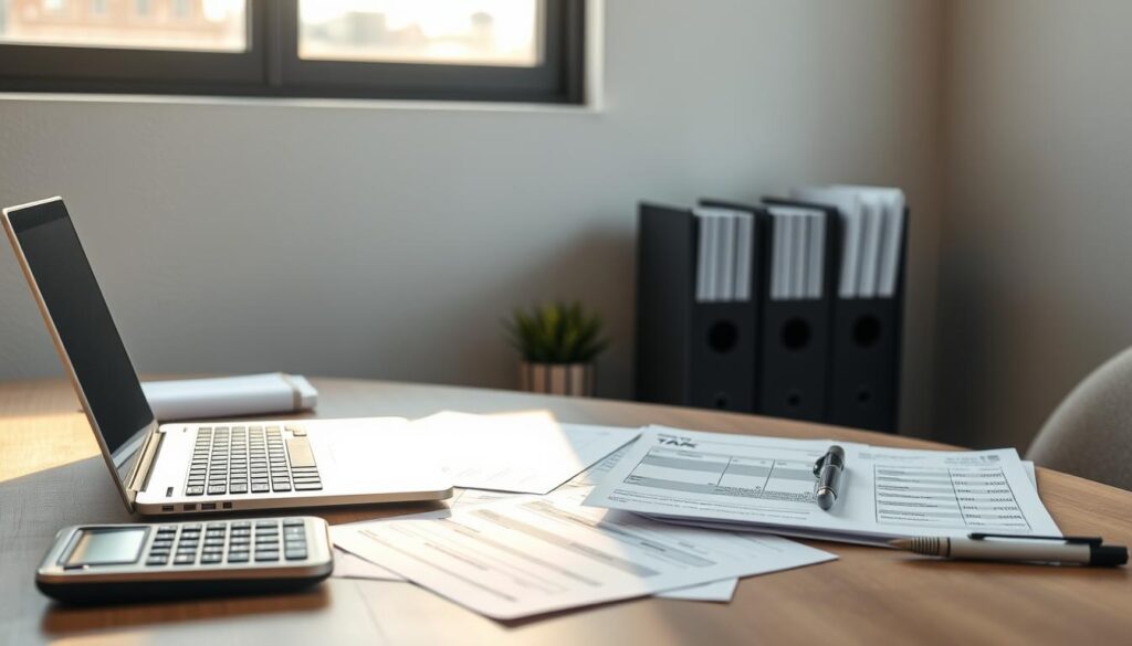An office desk with a modern laptop, various tax forms, a calculator, and a well-organized file folder system. The scene is illuminated by soft, natural lighting from a nearby window, casting a warm glow over the workspace. The background features a clean, minimalist wall with subtle texture, creating a calming and professional atmosphere. The overall composition conveys a sense of efficiency, organization, and attention to detail - essential qualities for effective tax reporting and portfolio management.