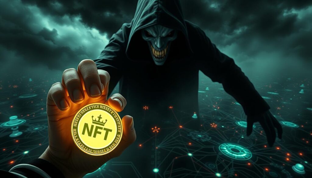 An ominous figure representing the risks of misusing intellectual property rights looms over a chaotic NFT marketplace. In the foreground, a hand grasps a glowing NFT token, symbolizing the allure of this new digital asset class. The middle ground depicts a maze of interconnected digital networks, hinting at the complex legal and technological landscape of NFTs. In the background, a dark cloud of uncertainty casts an eerie shadow, foreshadowing the potential pitfalls of unregulated NFT trading. The lighting is dramatic, with harsh shadows and muted tones to convey a sense of unease and caution. The overall composition suggests the delicate balance between the promise and perils of NFT intellectual property rights. An ominous figure representing the risks of misusing intellectual property rights looms over a chaotic NFT marketplace. In the foreground, a hand grasps a glowing NFT token, symbolizing the allure of this new digital asset class. The middle ground depicts a maze of interconnected digital networks, hinting at the complex legal and technological landscape of NFTs. In the background, a dark cloud of uncertainty casts an eerie shadow, foreshadowing the potential pitfalls of unregulated NFT trading. The lighting is dramatic, with harsh shadows and muted tones to convey a sense of unease and caution. The overall composition suggests the delicate balance between the promise and perils of NFT intellectual property rights.