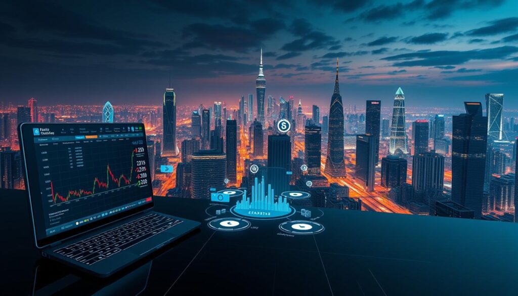 An overview of a modern crypto trading platform set against a backdrop of futuristic cityscape. In the foreground, a sleek user interface displays real-time market data, live charts, and trading tools. The middle ground features holographic projections of financial metrics and cryptocurrency logos. In the background, a panoramic skyline of towering skyscrapers and hovering vehicles illuminates the scene with a neon glow. Bright, minimalist design elements convey a sense of technological sophistication and seamless user experience. Dramatic lighting casts long shadows and highlights the platform's advanced functionality.