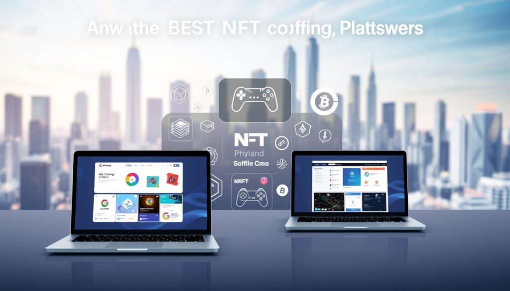 An overview of the best NFT challenge platforms, showcasing their key features in a visually engaging layout. A modern, sleek design with clean lines and a minimalist aesthetic. The foreground features three laptop screens displaying the platforms' logos and interfaces, arranged in a dynamic, grid-like composition. The middle ground showcases various NFT-related icons and graphics, such as digital art, game controllers, and cryptocurrency symbols, all rendered in a vibrant color palette. The background features a soft, blurred cityscape with skyscrapers and a futuristic, tech-inspired atmosphere, conveying a sense of innovation and progress.