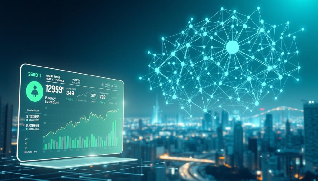 Blockchain activity tracking mechanics: A detailed visualization showcasing the inner workings of a blockchain-based fitness rewards system. In the foreground, a holographic interface displays real-time tracking of user activity, step counts, and energy expenditure. In the middle ground, a complex network of interconnected nodes and data streams illustrates the secure, decentralized data processing at the heart of the system. The background features a futuristic cityscape, hinting at the broader ecosystem where this technology is integrated. Soft blue and green hues create a calming, tech-forward ambiance, complemented by dramatic backlighting that casts dynamic shadows across the scene.