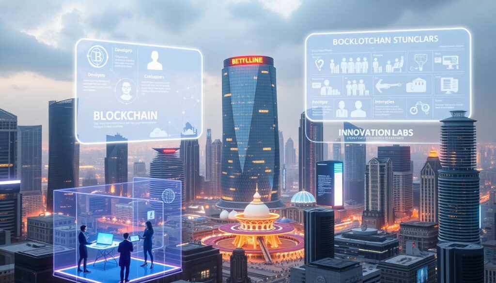 Blockchain career opportunities: A futuristic cityscape with skyscrapers and advanced technology, illuminated by vibrant holographic displays showcasing various blockchain-based roles and applications. In the foreground, digital avatars representing diverse professionals - developers, consultants, analysts, and entrepreneurs - engaged in collaborative workflows. The middle ground features a bustling hub of blockchain startups and innovation labs, while the background depicts a seamless integration of blockchain infrastructure into the urban landscape. Soft, diffused lighting creates a sense of wonder and opportunity, inviting the viewer to envision their own blockchain-powered career path.