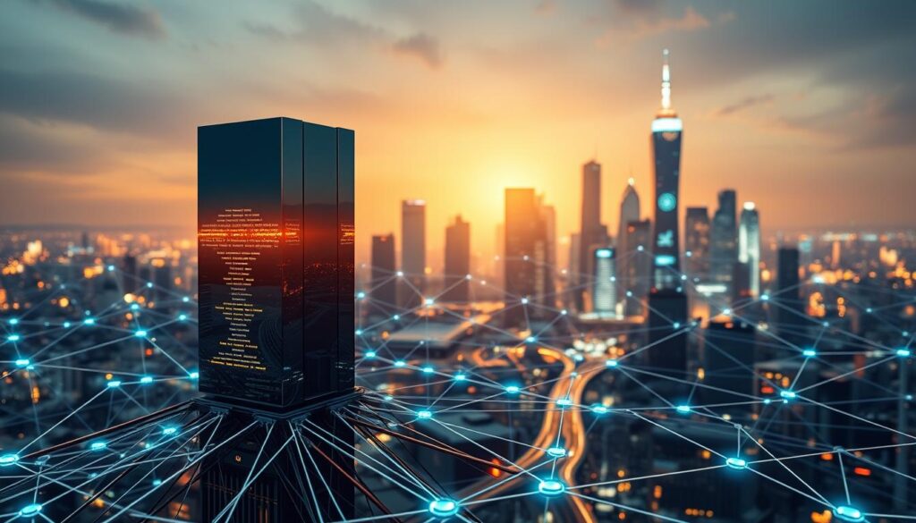 Blockchain interoperability, a harmonious symphony of digital ledgers. In the foreground, a sleek, metallic blockchain node, its pulsing lights symbolizing the seamless exchange of data. Surrounding it, a sprawling network of interconnected chains, their paths winding and converging, creating a tapestry of collaborative potential. In the background, a futuristic cityscape, its skyscrapers adorned with holographic interfaces, signifying the integration of blockchain into the fabric of modern infrastructure. Soft, warm lighting illuminates the scene, casting an aura of progress and innovation. The composition conveys a sense of unity, where disparate systems coexist and thrive, unlocking new possibilities for digital transformation. Blockchain interoperability, a harmonious symphony of digital ledgers. In the foreground, a sleek, metallic blockchain node, its pulsing lights symbolizing the seamless exchange of data. Surrounding it, a sprawling network of interconnected chains, their paths winding and converging, creating a tapestry of collaborative potential. In the background, a futuristic cityscape, its skyscrapers adorned with holographic interfaces, signifying the integration of blockchain into the fabric of modern infrastructure. Soft, warm lighting illuminates the scene, casting an aura of progress and innovation. The composition conveys a sense of unity, where disparate systems coexist and thrive, unlocking new possibilities for digital transformation.