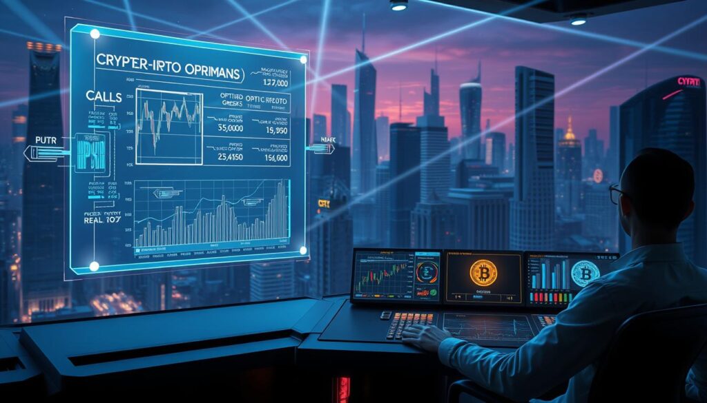 Crypto Options Key Concepts: A futuristic, high-tech scene depicting the core elements of crypto options trading. In the foreground, a floating holographic display showcases the various options contracts - calls, puts, and exotic derivatives. Intricate 3D wireframes and data visualizations surround the display, representing the underlying asset prices, volatility, and risk parameters. In the middle ground, a sleek control panel with responsive touchscreens allows a trader to monitor the market, analyze real-time data, and execute trades. Vibrant neon-lit panels provide information on option greeks, implied volatility, and other key metrics. The background features a cityscape of towering skyscrapers and glowing cryptocurrency logos, conveying the scale and dynamism of the crypto options market. Beams of light crisscross the scene, creating an atmosphere of technological sophistication and financial innovation.