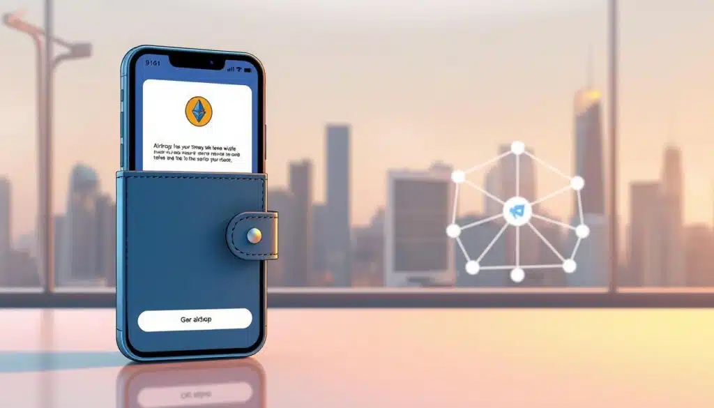 Crypto airdrop process explained: A detailed visual guide. In the foreground, an illustrated cryptocurrency wallet interface displays the airdrop notification, guiding the user through the simple claim process. The middle ground showcases a network diagram, illustrating the secure blockchain-based token distribution. In the background, a sleek futuristic cityscape sets the scene, conveying the modern, innovative nature of cryptocurrency airdrops. Soft, warm lighting bathes the scene, creating an inviting and approachable atmosphere. The overall composition is clean, minimalist, and visually engaging, effectively demystifying the crypto airdrop process for the viewer.