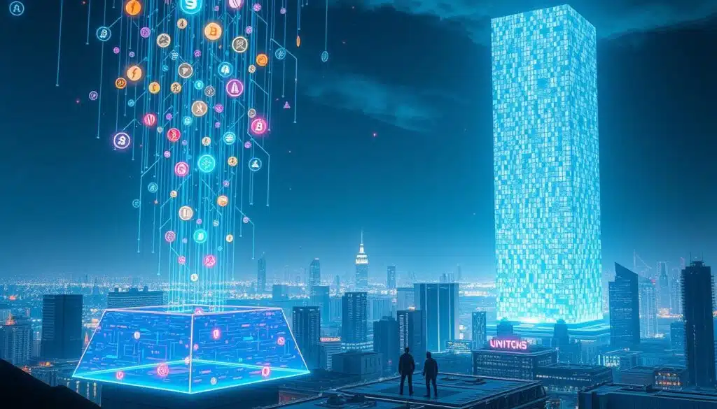 Crypto airdrops evolution: a futuristic digital landscape with evolving cryptocurrency symbols cascading from the sky, casting a kaleidoscopic glow upon a city skyline. In the foreground, a vibrant holographic interface displays the growth and diversification of airdrop opportunities, while in the middle ground, traders and enthusiasts navigate a labyrinth of decentralized finance platforms. The background features a towering blockchain data structure, its matrix-like code pulsing with the rhythmic flow of digital assets. Soft, diffused lighting illuminates the scene, creating an atmosphere of innovation and technological progress.