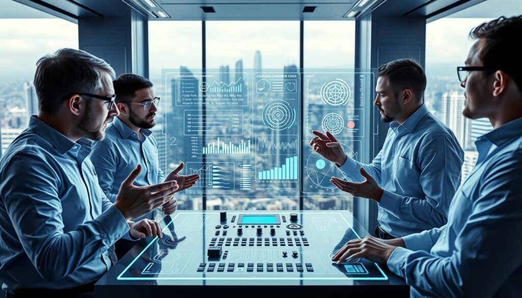 Crypto team analysis best practices: A professional team of analysts intently focused on a sprawling holographic display, meticulously examining blockchain data, financial metrics, and development roadmaps. The scene is bathed in a cool, futuristic glow, with clean lines, sharp edges, and a minimalist aesthetic. In the foreground, team members gesture towards the display, engaged in animated discussion. In the middle ground, a central console with advanced control interfaces. In the background, floor-to-ceiling windows reveal a dynamic cityscape, symbolizing the broader crypto ecosystem. The overall mood is one of precision, insight, and strategic decision-making.